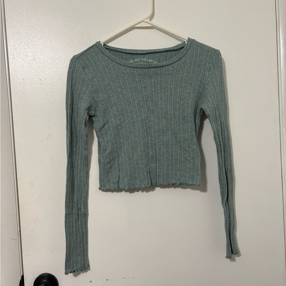 Stylish Teal Ribbed Long Sleeve Top